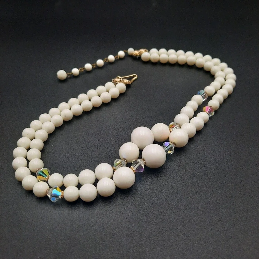 Vintage‎ Avon Double Strand White Bead Necklace with Aurora Borealis Crystals
